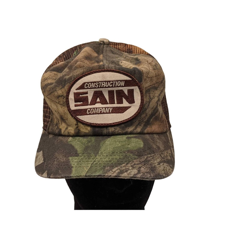Vintage SAIN Construction Co Camo Patch Mesh Snapback Trucker Hat K Products USA